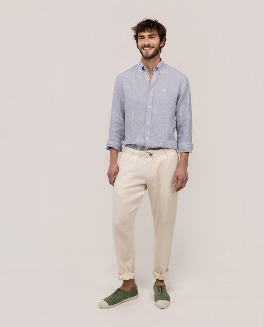 Camisa Lino Yale Button Down Beige Azul Medio