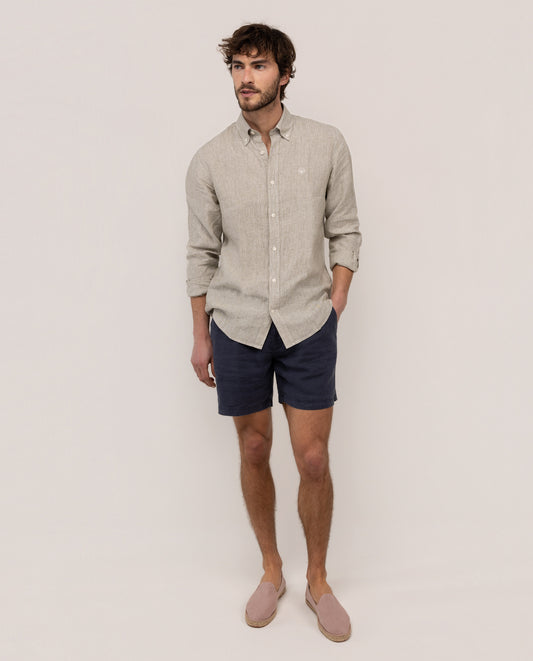 Camisa Lino Yale Button Down Beige Verde