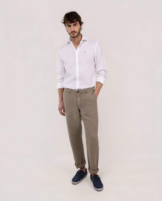 Camisa Lino Chambray Cuello Italiano Blanco