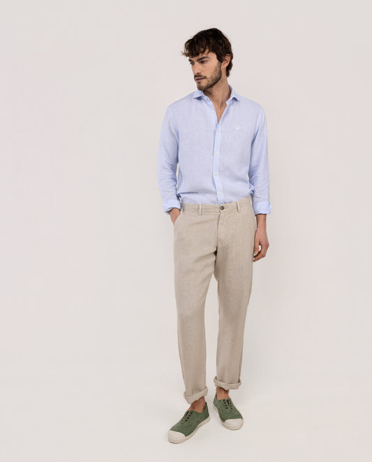 Camisa Lino Chambray Cuello Italiano Celeste