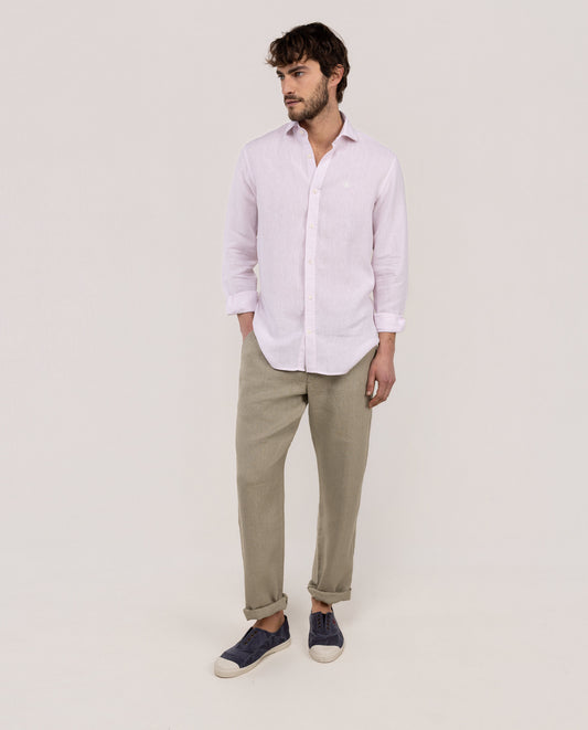 Camisa Lino Chambray Cuello Italiano Rosa