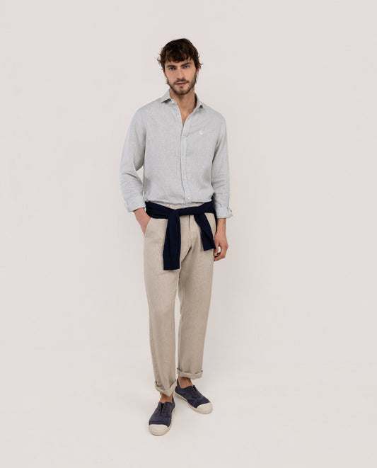Camisa Lino Chambray Cuello Italiano Verde
