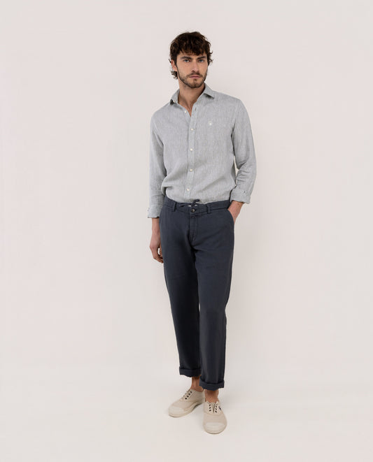 Camisa Lino Chambray Cuello Italiano Verde Oscuro