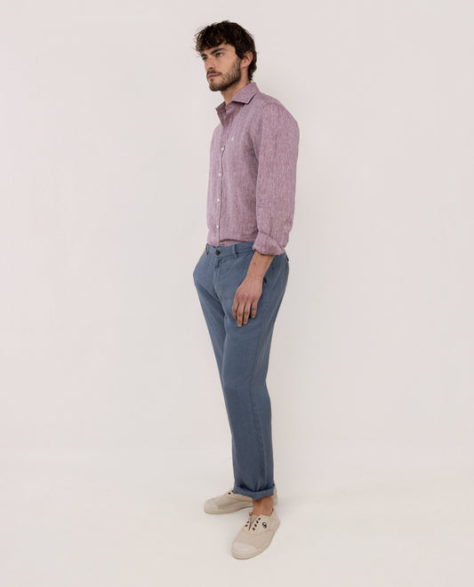 Camisa Lino Chambray Cuello Italiano Rojo