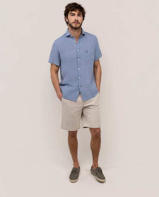 Camisa Lino Manga Corta Azul Medio