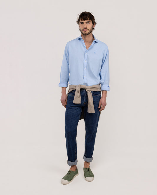 Camisa Cuello Italiano Algodón Lino Celeste