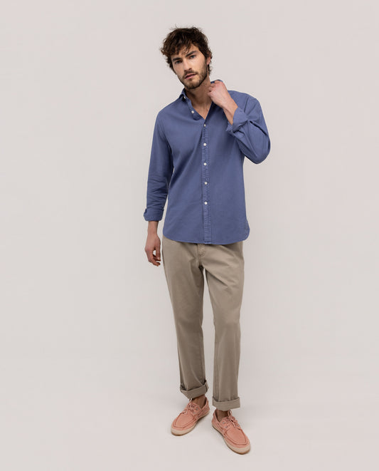 Camisa Cuello Italiano Algodón Lino Marino
